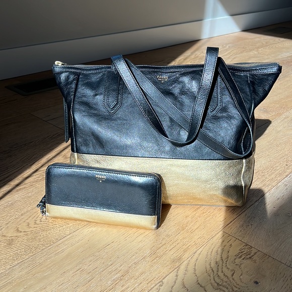 Fossil Black and Gold Sydney tote with matching wallet - Picture 2 of 11